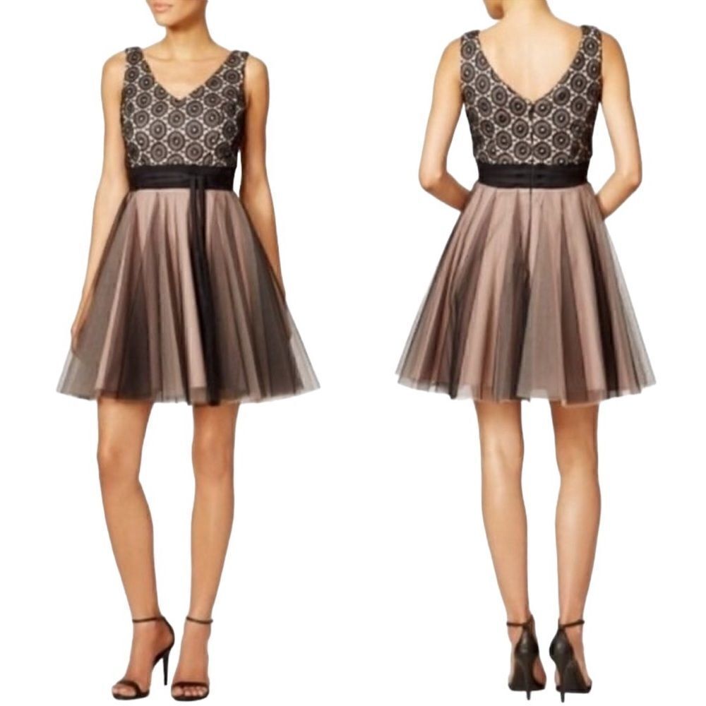 Nha Khanh Women's Rae V-Neck Layered Tulle Mini Dress, Black/Nude, Size 2